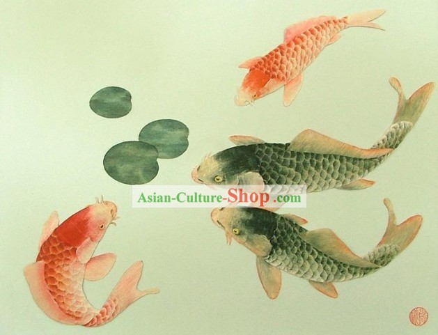 Mano clásico chino de madera tallada casa sólida Pintura Decorativa-Próspero Goldfish