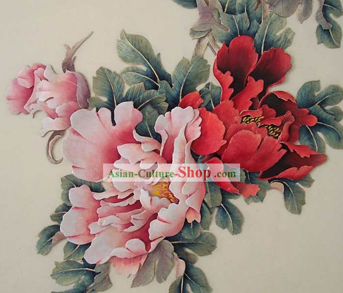 Scolpito a mano Cinese Wood House Solid Decorative Painting-Palace Peony