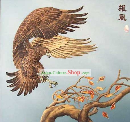 Parte china Gran clásico de madera tallada casa sólida Pintura Decorativa-Hawk aterrizaje