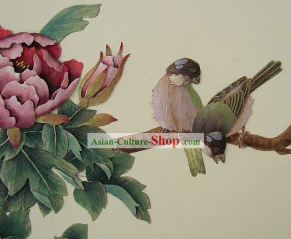 Parte china Gran clásico de madera tallada casa sólida Pintura Decorativa, pájaros y flores