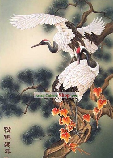 Chinese Classic Hand Carved Wood House Solide Dekorative Malerei-Cranes