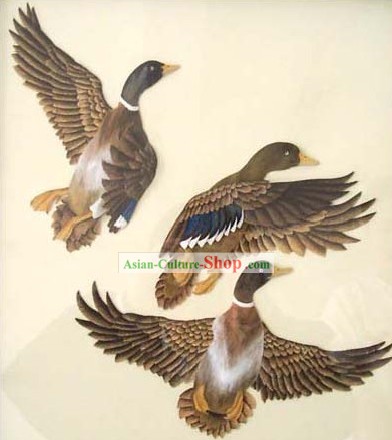 Chinese Classic Hand Carved Wood House Solid Decorative Painting-Ducks