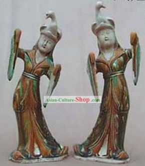 Chinois classique Archaized Tang San Cai Statue-Tang Dynasty danseuses avec Phoenix Hat