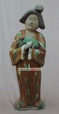 Grand chinoise Tang San Cai Statue (tricolore poteries vernissées)-Tang Dynasty Dame avec un chiot
