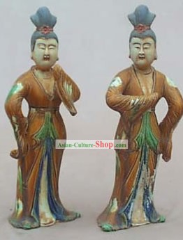 Chinois classique Archaized Tang San Cai Statue-Tang Dynasty femmes dansant (deux pièces Set)