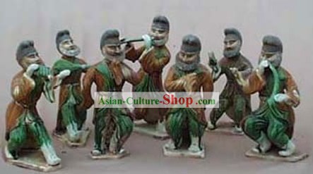 Chinese Classic Archaized Tang San Cai Statue-Group von Hu Musicians (Sieben Stücke Set)