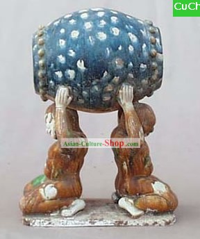 Chinese Classic Archaized Tang San Cai Statue-Men Holding bis Drum