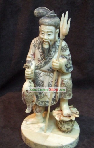 Buey chino clásico hueso Artesanía Escultura Estatua-Pesca hombre