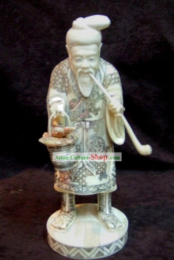 中国の古典牛骨の手工芸品彫刻像 - 古代の健康オールドマン