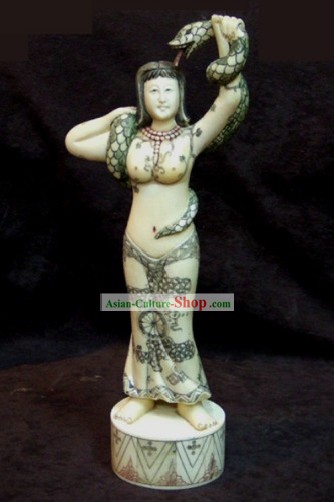 Buey chino clásico hueso Artesanía Escultura Estatua-Snake Chica