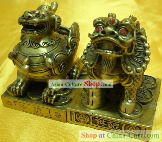 Chinese statua-Doule Ottone Classic Corno Pi Qiu e Single Corno Pi Qiu Set