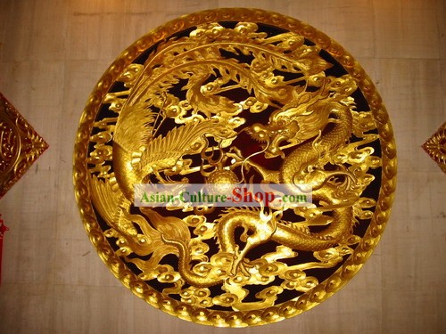 Chinoise main Palais 100% sculpté Golden Dragon et Phoenix Grand