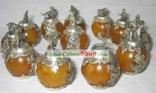Chinese Classic Palace Silver Amber Sheng Xiao Twelve Animals