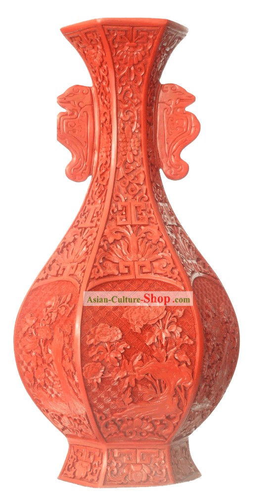 Lacca cinese Palazzo Lavori-Double Orecchie Carved Bottiglia Rosso