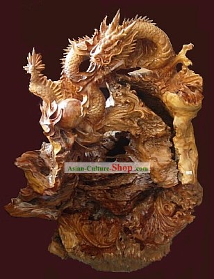 Sculpté à la main chinoise Sculpture Bois-Double Dragons Balls Jouer chanceux
