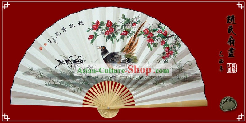 Main Chinois peints Fan grande décoration par Zhao Qiaofa-Brave Esprit Sparrow