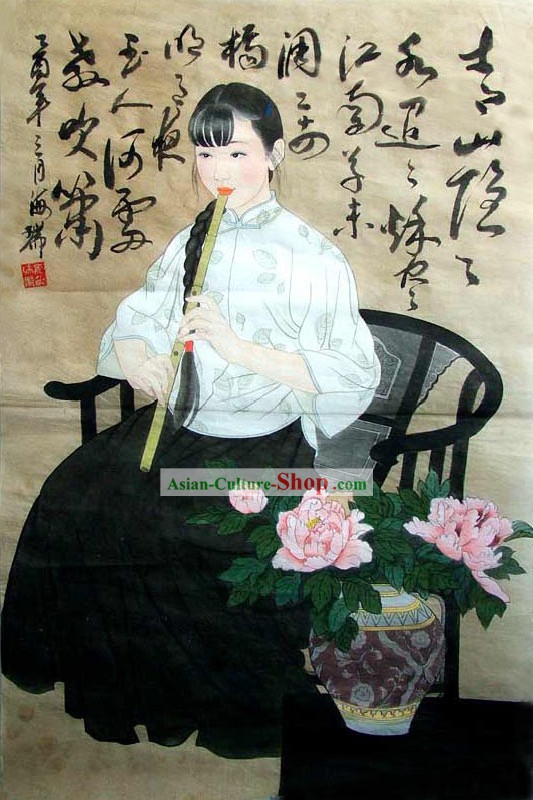 中国の伝統的絵画 - 美容プレイのフルート