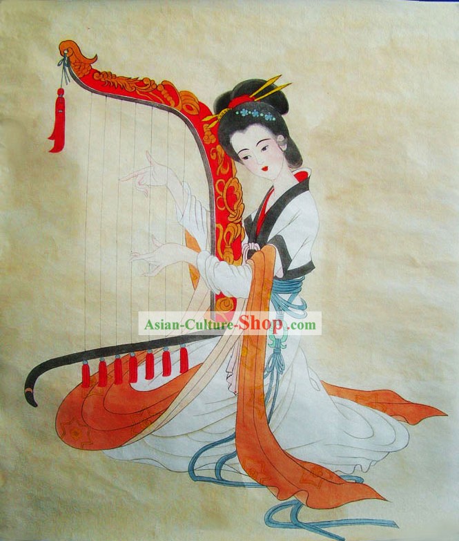 Peinture traditionnelle chinoise-Tang Dynasty demoiselle Harpe