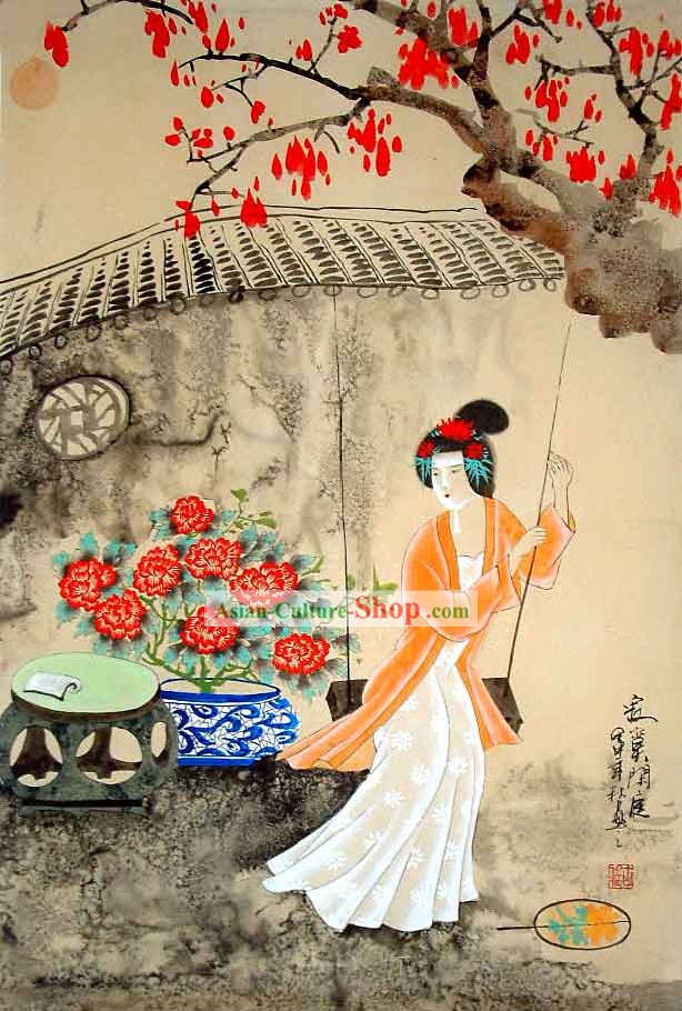 スイングを再生する中国の伝統ウォッシュ絵画 - 古代の宮殿の美しさ