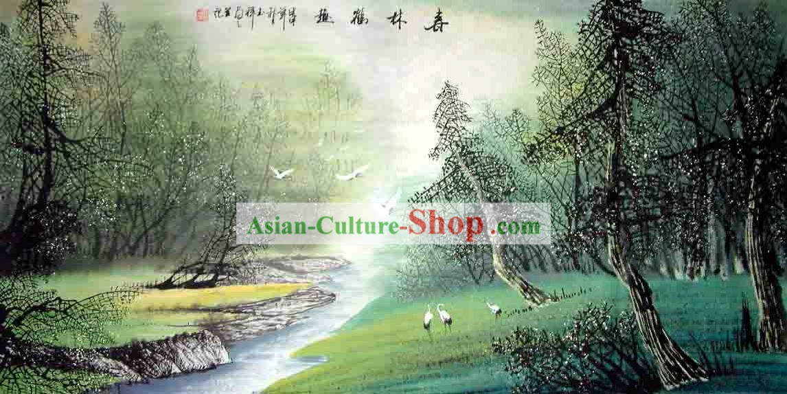 森でフライング中国の水墨画 - クレーン