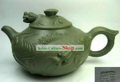 Китайский Hand Made Зеленая глина Чайник-Рыбы и дракон