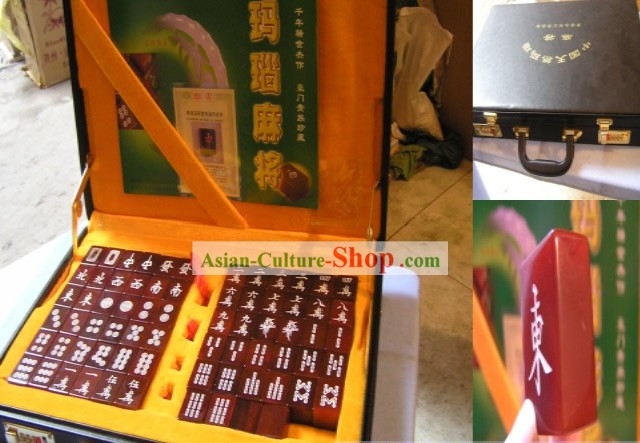 Chinese Top Grade Nature Red Ágata Mahjong imperial Set (144 peças)