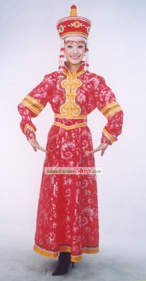 Folk Costumes Mongolian Dança e chapéu para a mulher