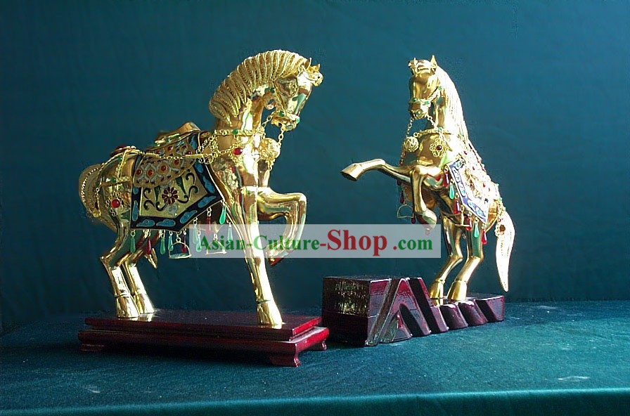 Chinese Oro Brass Horse Cloisonne Coppia