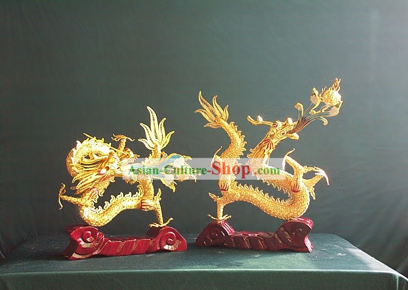 Chinese Oro Ottone Cloisonne Lucky Dragon Coppia