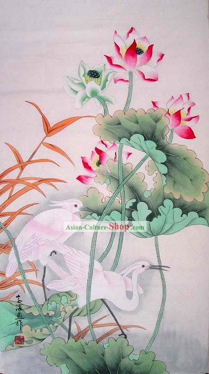 Peinture traditionnelle chinoise du Lotus et Butor