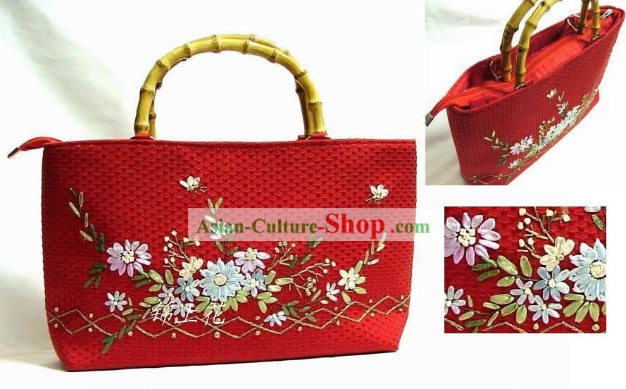 Chinese Hand Embroidery Rectangle Bamboo Handle Bag for Woman