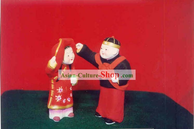 Cinese dipinti a mano Arte Scultura di Figurine'dell'argilla Zhang-Getting Married Sposa e Sposo