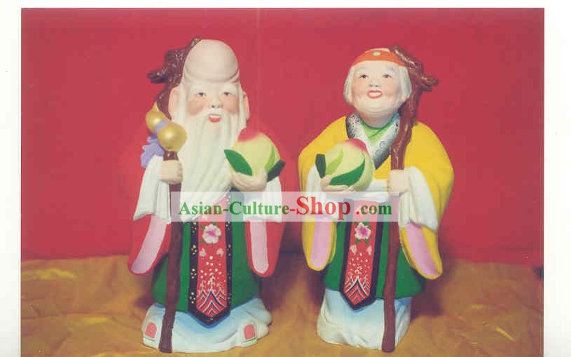 Chinois peints à la main Art Sculpture de figurine en argile Vieux Couple Zhang-saine et heureuse