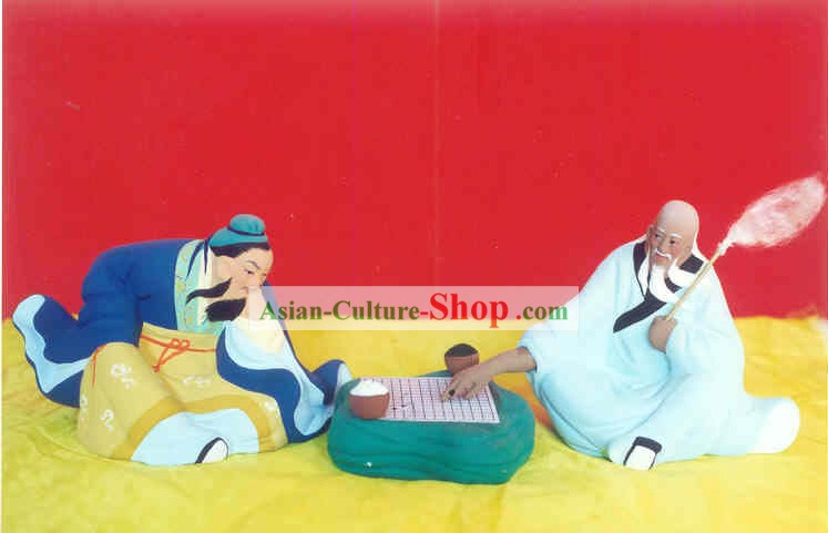 Cinese dipinti a mano Arte Scultura di Figurine'dell'argilla Zhang-Giocare a scacchi