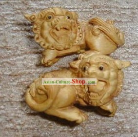 Chinesische Vivid Handmade Holzbildhauerei-Lion Paar