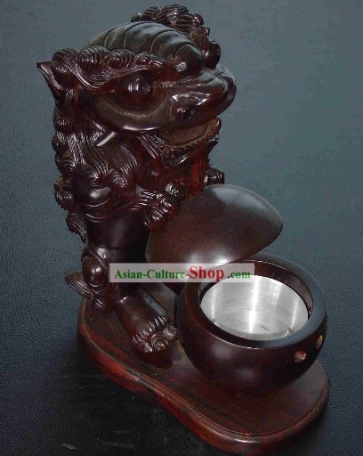 Chinoise main classique sculpté Lion Jouer une balle en bois Cendrier