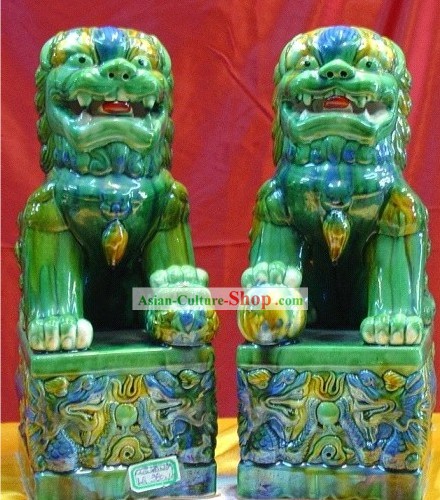 Superbe paire chinoise Lion Vert Folk