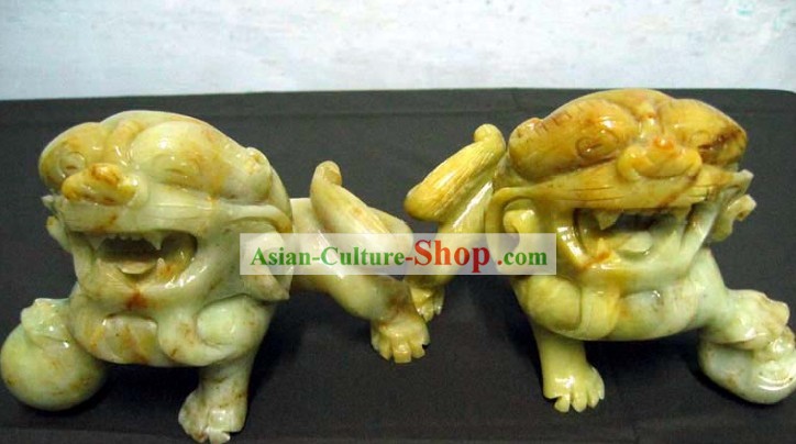 Chinoise main classique sculpté Jade Roi Lion Paire
