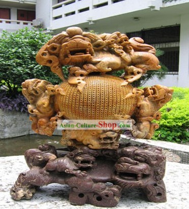 Artisanat-Sept chinoise main Superbe sculpté Lions Jouer une balle