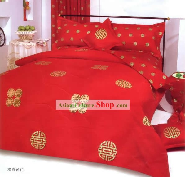 Chine Classique Rouge Double Happiness Six Pièces Ensemble de lit
