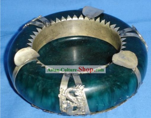 Chinese Ancient Style Green Jade and Silver Ashtray