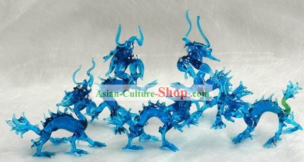 Mano cinese Palazzo Realizzata a colori Glaze Cinque Blu Imposta Dragons