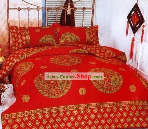 Chinese Stunning Wedding Set Cotone Bed Sheet (Quattro Pezzi)-Dragon e Phoenix