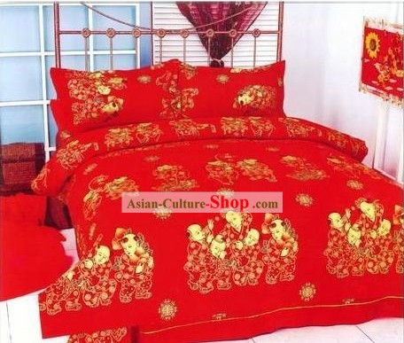 Cinese classico matrimonio Cotone Set Bed Sheet (Quattro pezzi)-Più bambini, più felicità