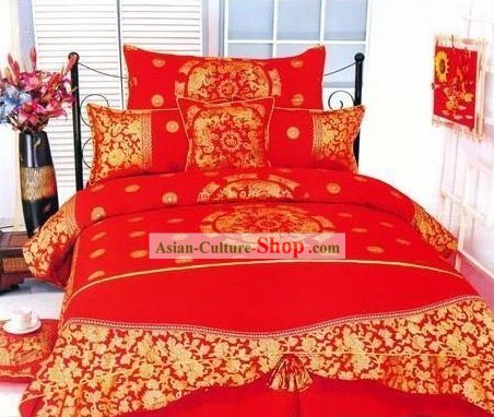 Cinese tradizionale matrimonio Cotone Set Bed Sheet (Quattro Pezzi)-Dragon e Phoenix