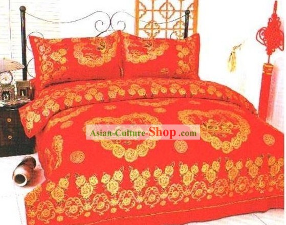 Cinese classico matrimonio Cotone Set Bed Sheet (Quattro pezzi)-Amore