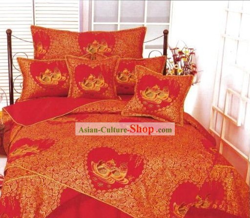 Cinese classico Cotone Wedding Bed Sheet Set (Quattro pezzi)-Anatra mandarino