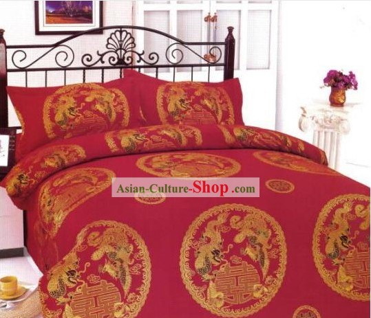 Cinese classico matrimonio Cotone Set Bed Sheet (Quattro Pezzi)-Dragon e Phoenix