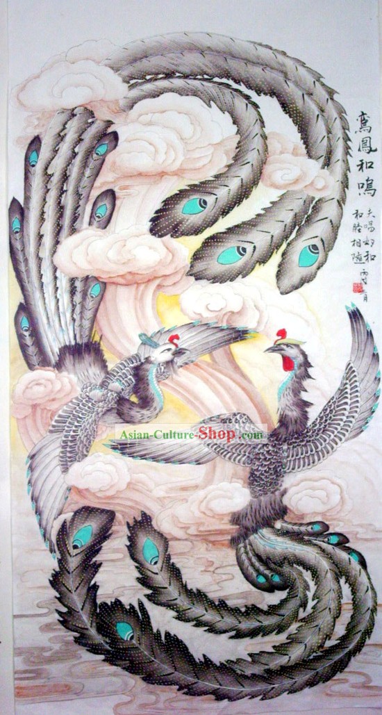 Peinture chinoise traditionnelle avec méticuleuse du détail Phoenix s'est posé