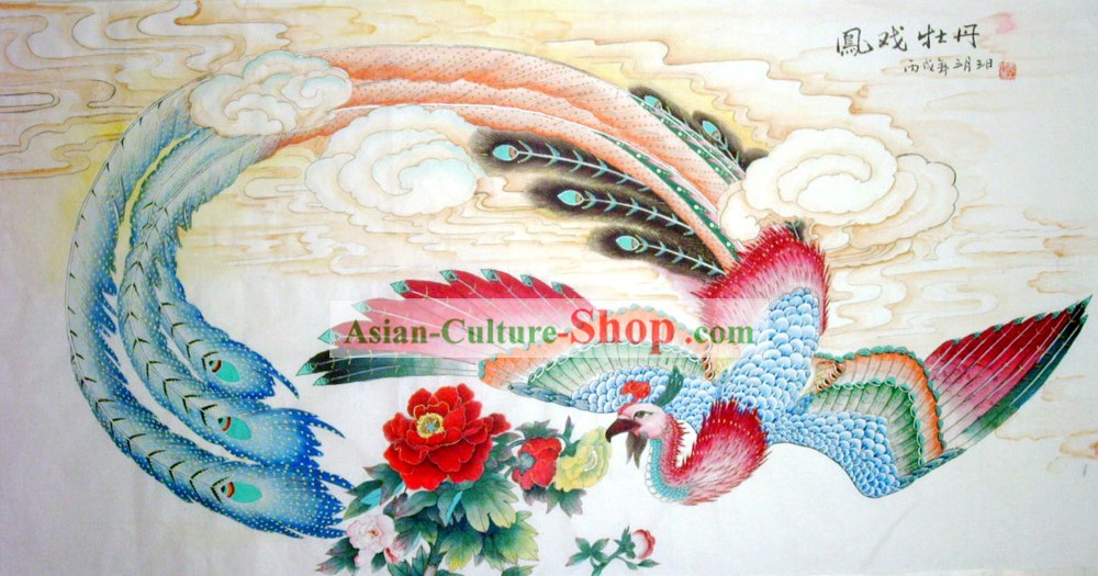 Pintura tradicional chinesa com meticuloso detalhe Pintura-Próspera Peony e Phoenix